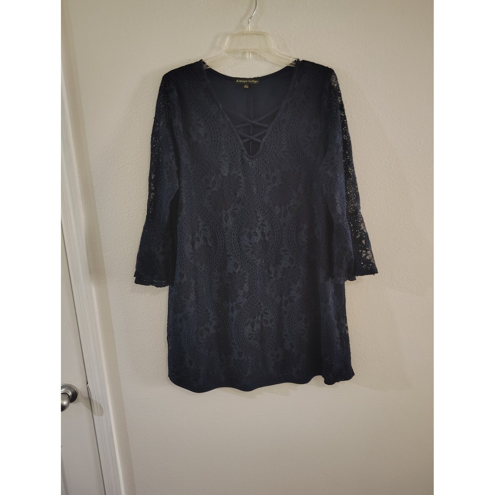 Always Indigo Navy Blue Lace Bell Sleeve Lattice V-Neck Shift Dress Plus Size 2X